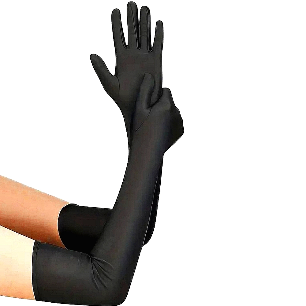 Black Satin Gloves Opera Length Above Elbow Elegant Feminine Luxury Classy NWT.